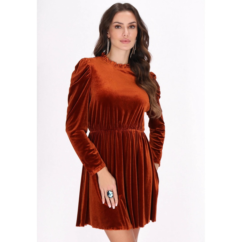 Women's M Chestnut Velvet Mini Dress Long Sleeve Ruffle Neck Pleated Skirt
